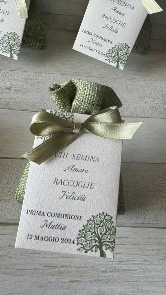 Porta Confetti Comunione e Cresima in Sacchettino di Iuta con Bustina Semi “Prato Fiorito” Personalizzata