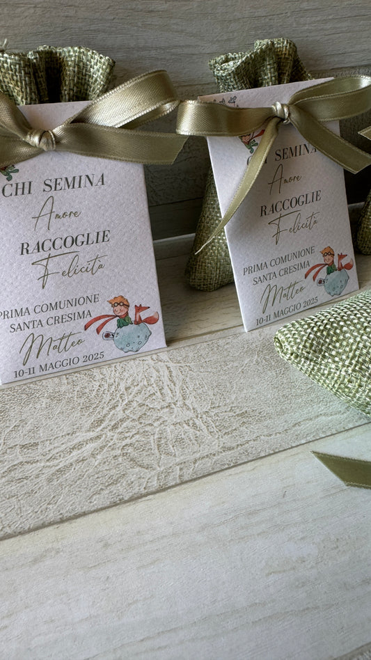 Porta Confetti Battesimo in Sacchettino di Iuta con Bustina Semi “Prato Fiorito” Personalizzata
