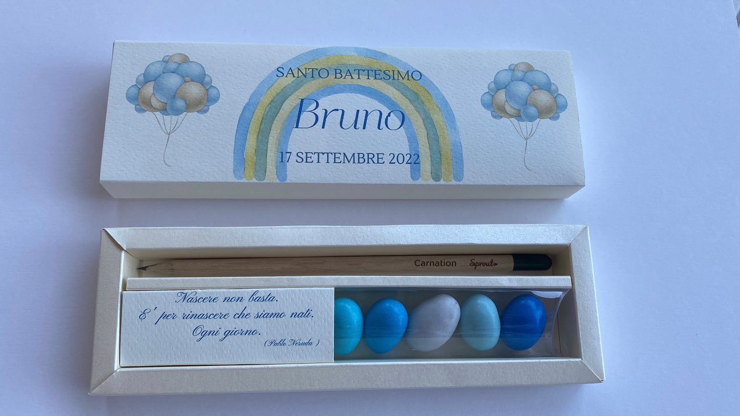 Cofanetto regalo personalizzato per Battesimo con Matita Seminabile e Confetti