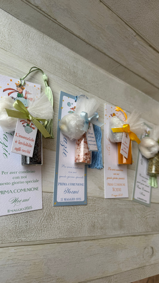 Segnalibro con spezie in provetta e confetti