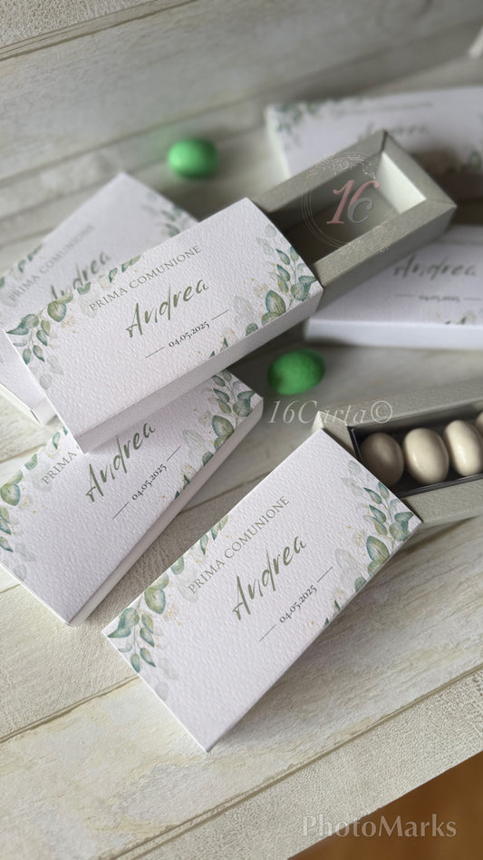 Porta confetti Comunione e Cresima – Cofanetto a scorrimento degustazione personalizzabile (5 confetti)