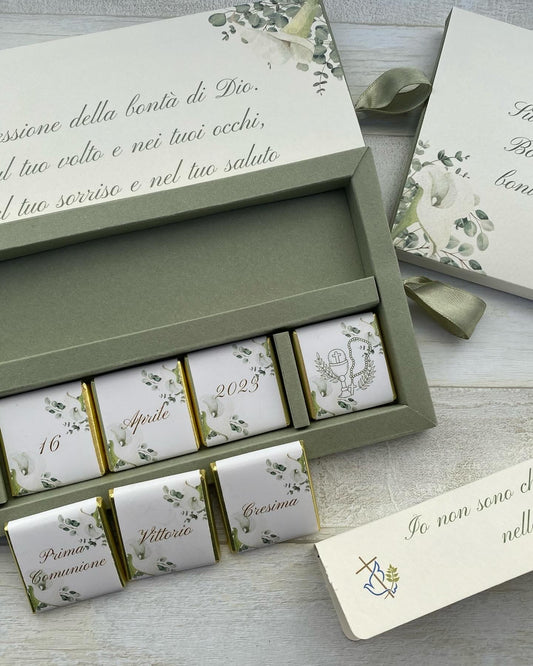 Cofanetto regalo Comunione-Cresima con cioccolatini personalizzati e matita seminabile