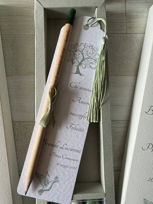 Cofanetto regalo personalizzato con Segnalibro e Matita Seminabile per Comunione-Cresima