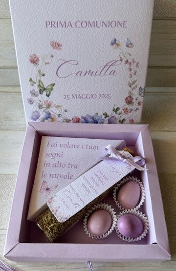 Cofanetto regalo a libro personalizzato per Comunione-Cresima con infuso e confetti