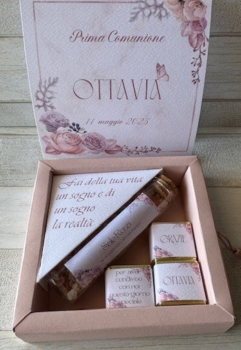 Cofanetto regalo a libro personalizzato per Comunione-Cresima con infuso e confetti