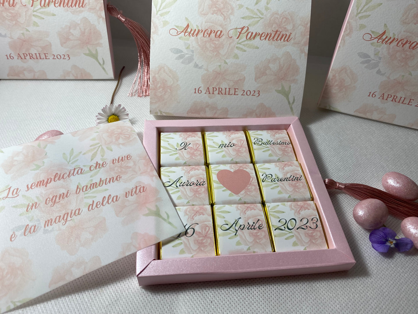Scatola fiammifero personalizzata Battesimo con cioccolatini - 33x33mm