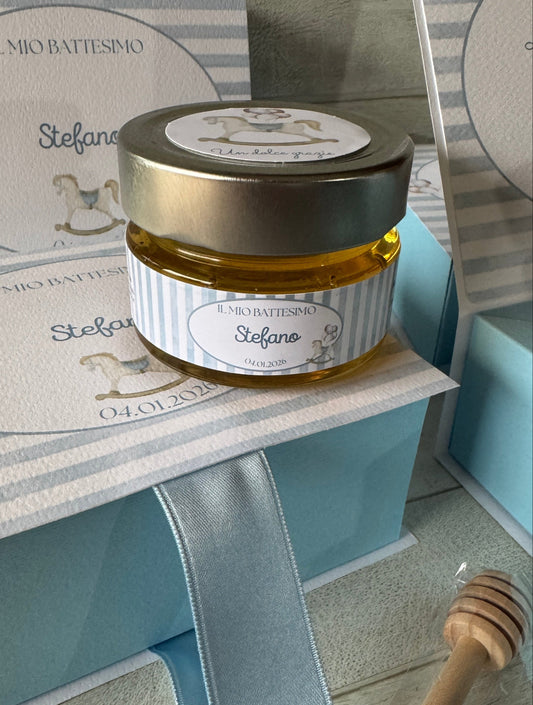 Bomboniera Battesimo con Vasetto di Miele 140 g – Cofanetto a Libro