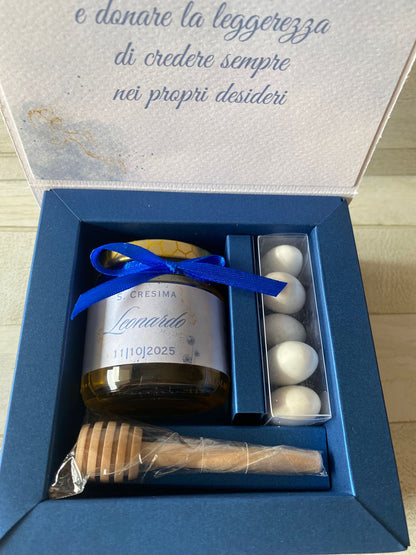 Bomboniera Comunione e Cresima con Vasetto di Miele 120 g – Cofanetto a Libro