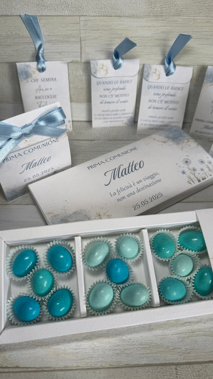 Porta confetti Comunione e Cresima – Cofanetto a scorrimento degustazione personalizzabile (15 confetti)