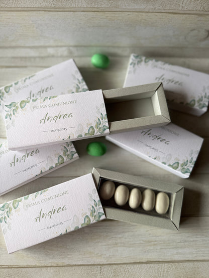 Porta confetti Comunione e Cresima – Cofanetto a scorrimento degustazione personalizzabile (5 confetti)