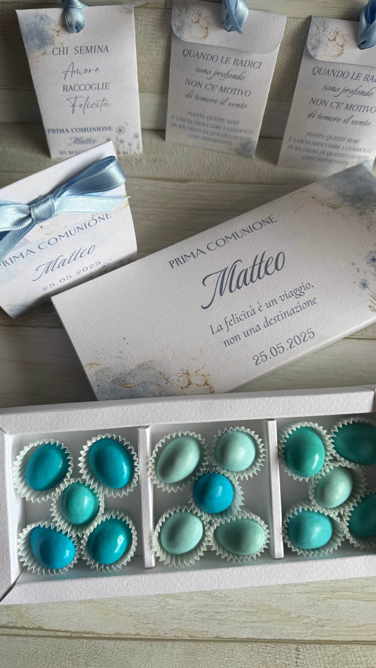 Porta confetti Comunione e Cresima – Cofanetto a scorrimento degustazione personalizzabile (15 confetti)