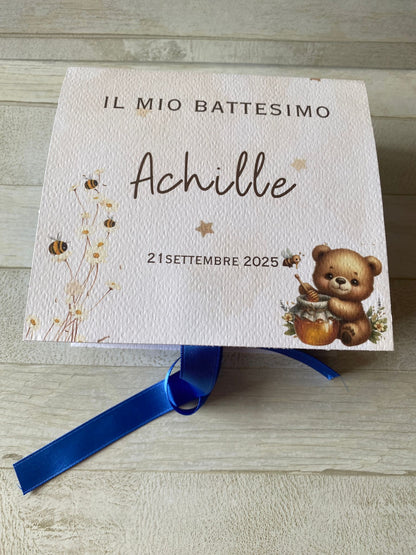 Bomboniera Battesimo con Vasetto di Miele 140 g – Cofanetto a Libro