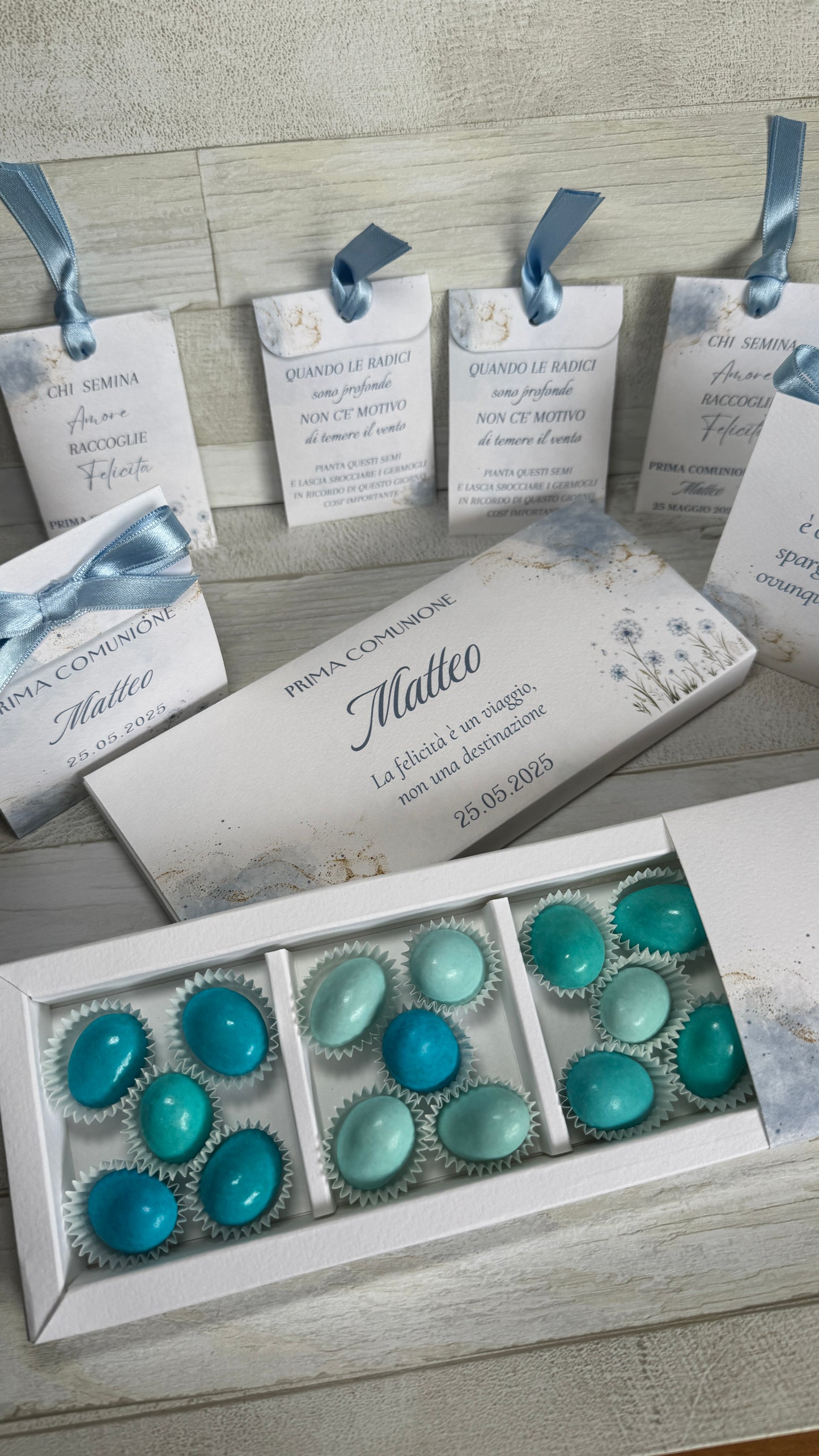 Porta confetti Comunione e Cresima – Cofanetto a scorrimento degustazione personalizzabile (15 confetti)