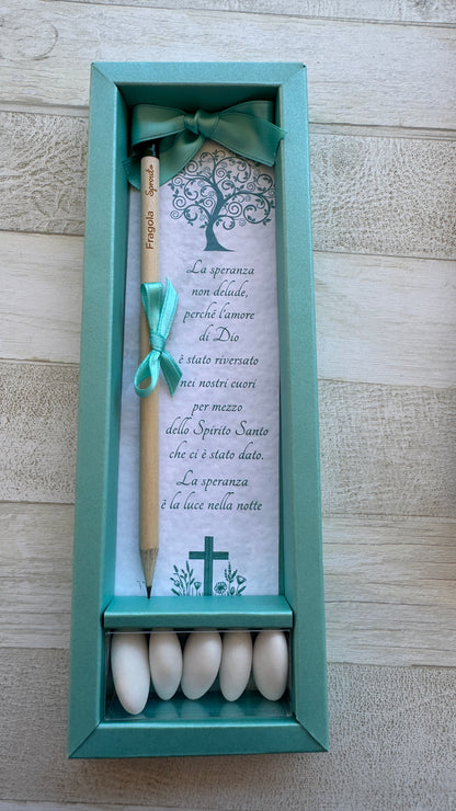 Cofanetto regalo personalizzato con Segnalibro, Matita Seminabile e 5 confetti per Comunione&Cresima