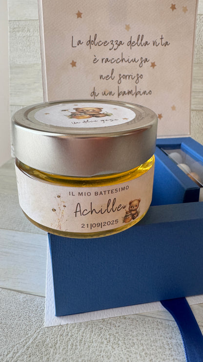 Bomboniera Battesimo con Vasetto di Miele 140 g – Cofanetto a Libro