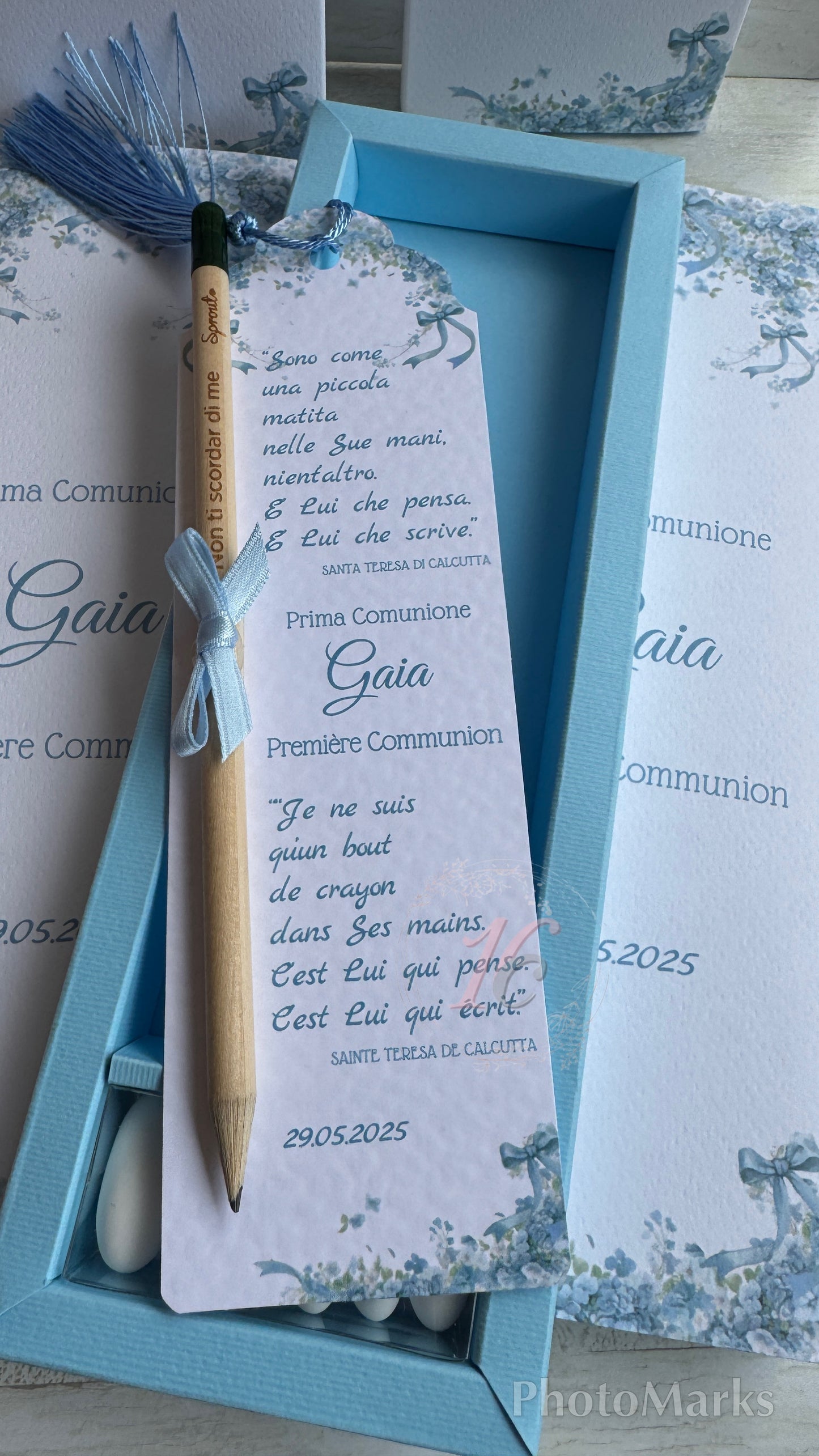Cofanetto regalo personalizzato con Segnalibro, Matita Seminabile e 5 confetti per Comunione&Cresima