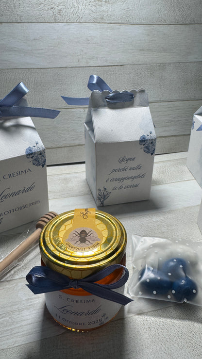 Bomboniera Comunione e Cresima con Vasetto di Miele 120 g – "Milk Box"