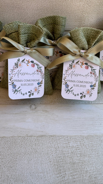 Porta Confetti Comunione e Cresima in Sacchettino di Iuta con Tag Personalizzato