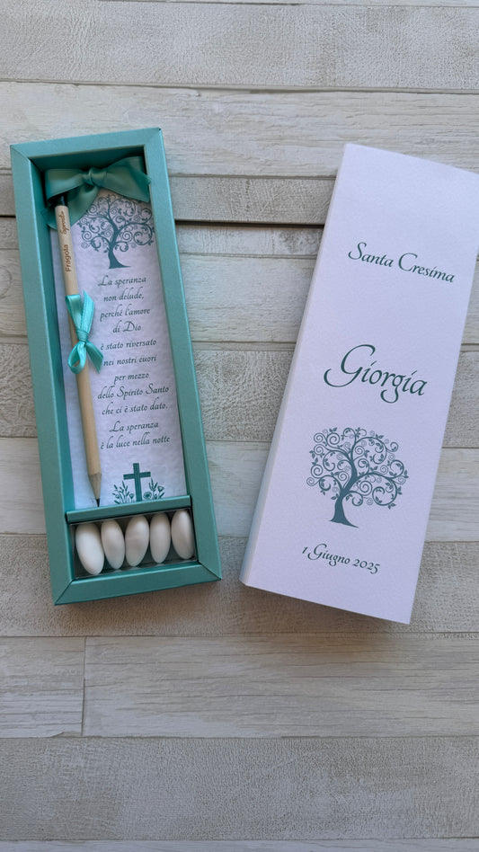 Cofanetto regalo personalizzato con Segnalibro, Matita Seminabile e 5 confetti per Comunione&Cresima