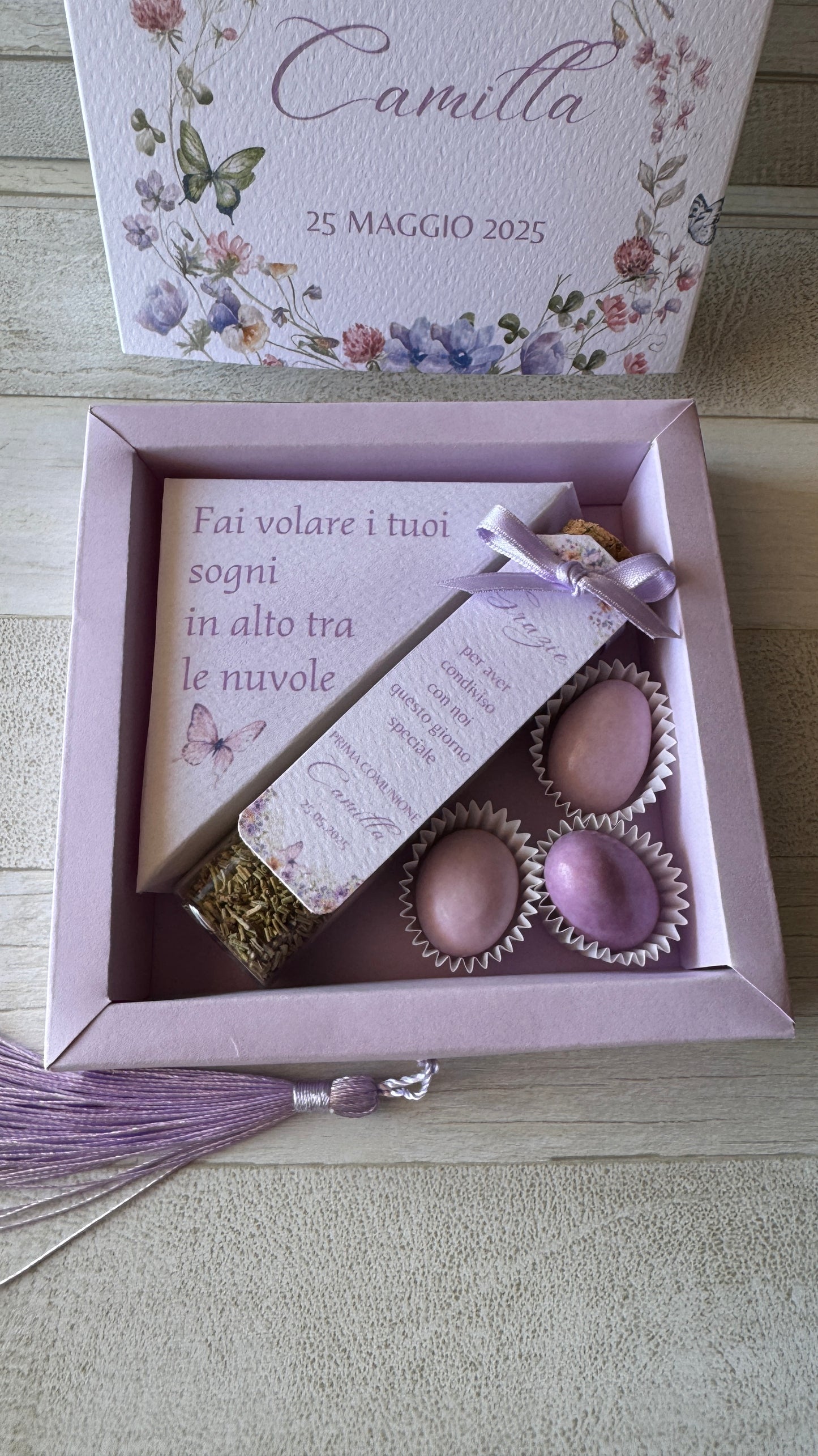 Cofanetto regalo a libro personalizzato con infusi/tisane per Comunione-Cresima