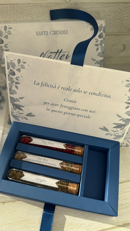 Bomboniera Comunione e Cresima – Cofanetto a Libro con Set di 3 Spezie