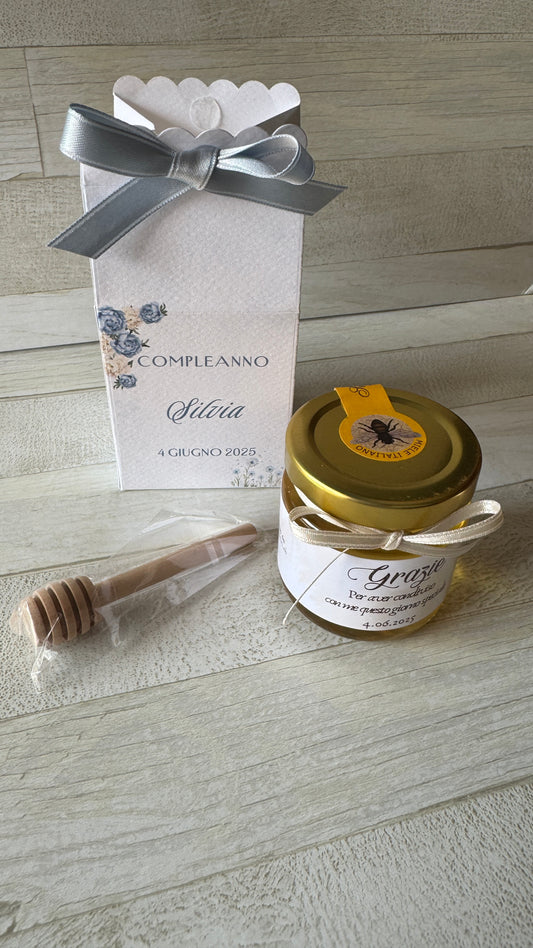 Bomboniera Compleanno con Vasetto di Miele 120 g – "Milk Box"