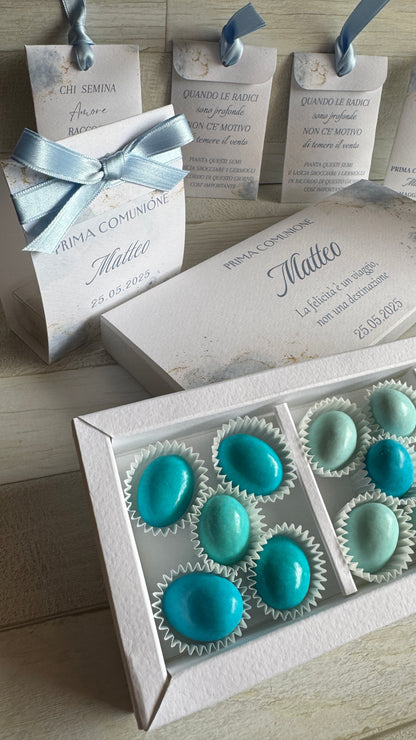 Porta confetti Comunione e Cresima – Cofanetto a scorrimento degustazione personalizzabile (15 confetti)