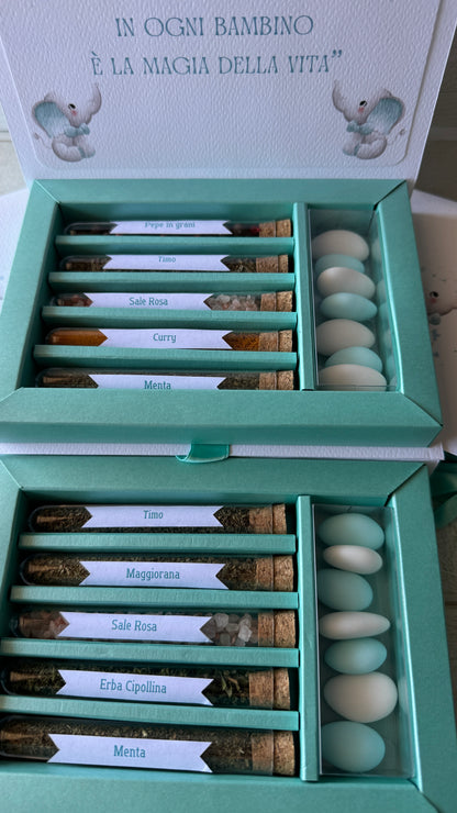 Bomboniera Comunione e Cresima – Cofanetto a Libro con Set di 5 Spezie