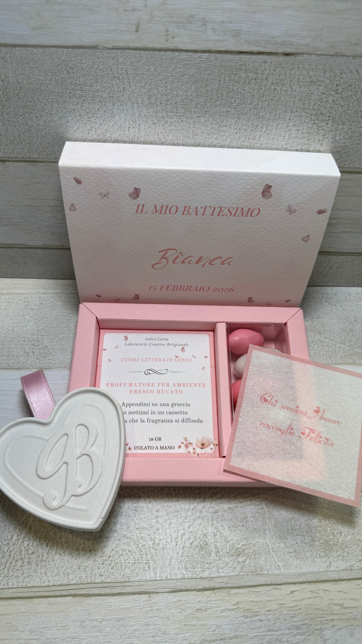 Bomboniera Battesimo – Cofanetto a Scorrimento con Cuore in Gesso Profumato