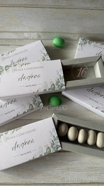 Porta confetti Comunione e Cresima – Cofanetto a scorrimento degustazione personalizzabile (5 confetti)