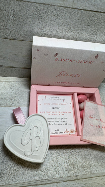 Bomboniera Battesimo – Cofanetto a Scorrimento con Cuore in Gesso Profumato