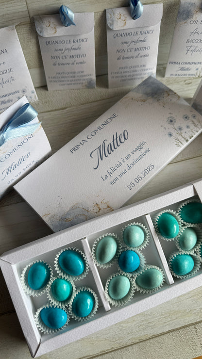 Porta confetti Comunione e Cresima – Cofanetto a scorrimento degustazione personalizzabile (15 confetti)