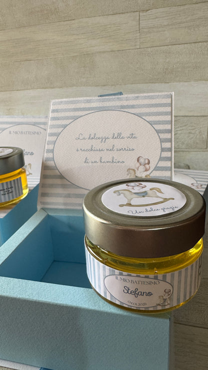 Bomboniera Battesimo con Vasetto di Miele 140 g – Cofanetto a Libro