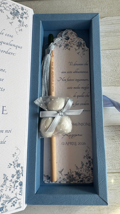 Bomboniera Comunione e Cresima con Segnalibro e Matita Seminabile - Cofanetto a Libro