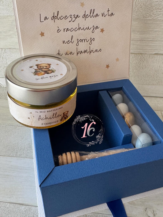 Bomboniera Battesimo con vasetto Miele – Modello a Libro