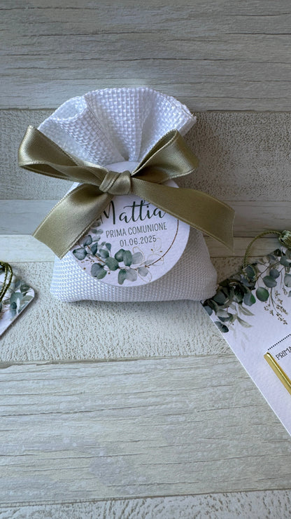 Porta Confetti Comunione e Cresima in Sacchettino di Iuta con Tag Personalizzato