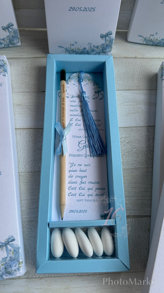 Cofanetto regalo personalizzato con Segnalibro, Matita Seminabile e 5 confetti per Comunione&Cresima