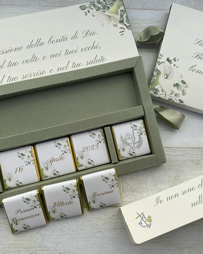 Cofanetto regalo Comunione-Cresima con cioccolatini personalizzati e matita seminabile