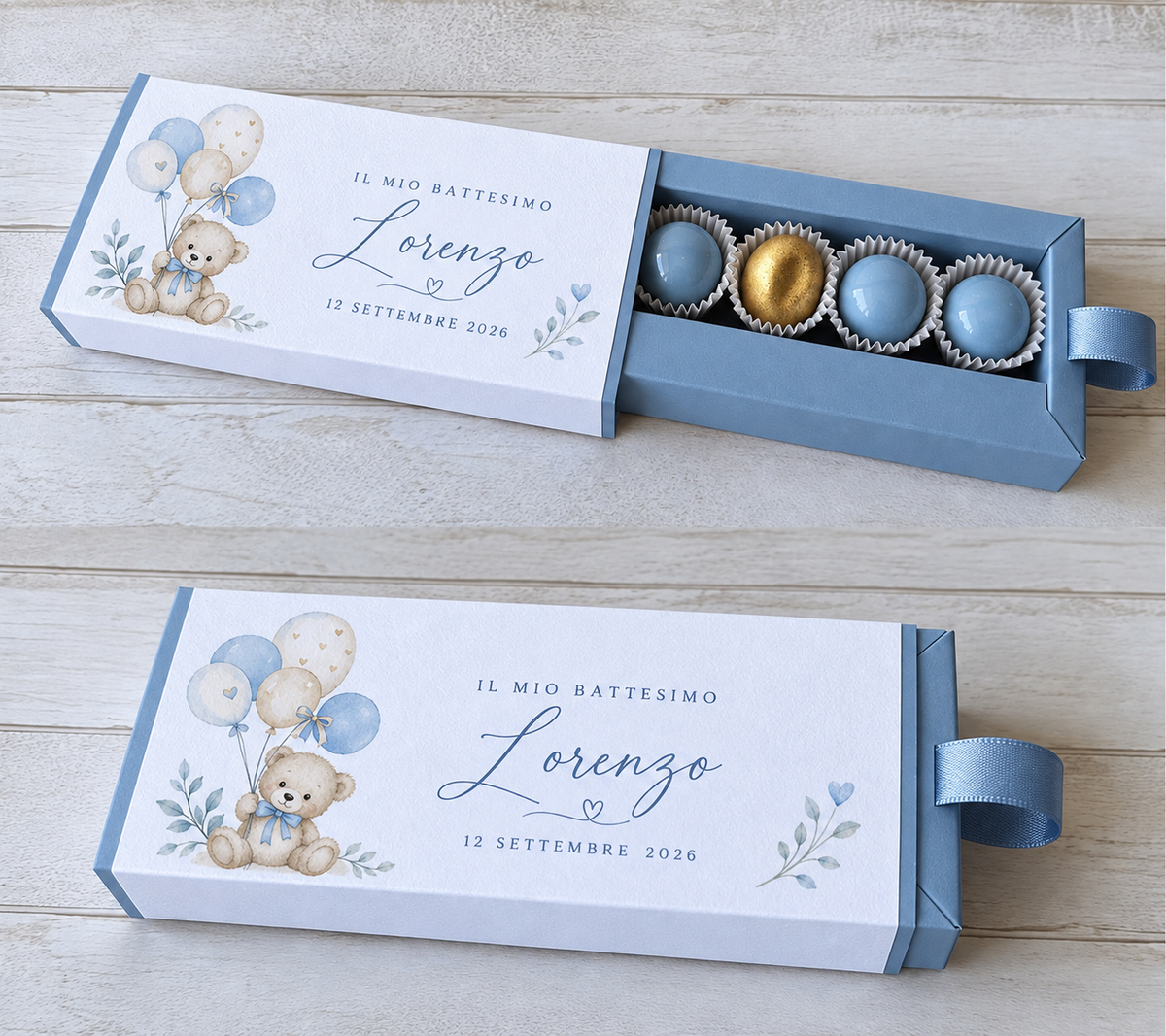 Porta confetti Nascita & Battesimo – Scatola a Scorrimento Degustazione (5 Confetti)