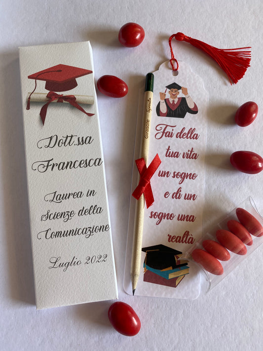 Segnalibro Personalizzato Laurea con Matita Seminabile, confetti e astuccio porta segnalibro