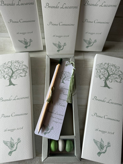Cofanetto regalo personalizzato con Segnalibro, Matita Seminabile e 3 confetti per Comunione&Cresima