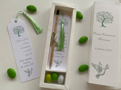 Cofanetto regalo personalizzato con Segnalibro, Matita Seminabile e 3 confetti per Comunione&Cresima