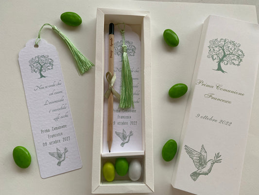 Cofanetto regalo personalizzato con Segnalibro, Matita Seminabile e 3 confetti per Comunione&Cresima
