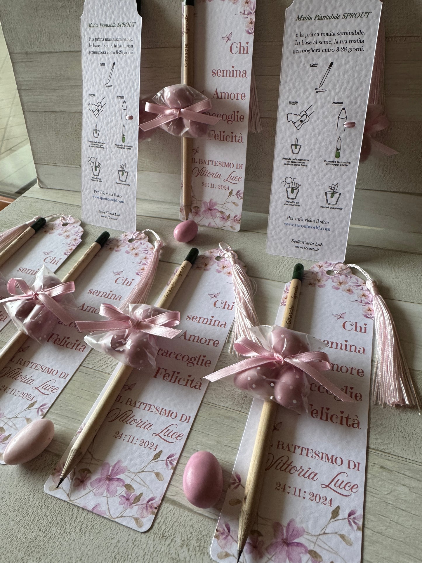 Segnalibro Personalizzato Battesimo-Nascita con Matita Seminabile e confetti