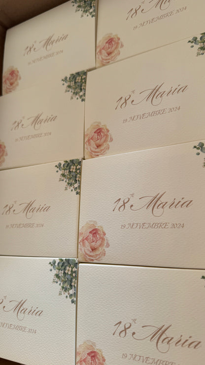 Peonia in cera di soia in cofanetto regalo personalizzato Diciottesimo