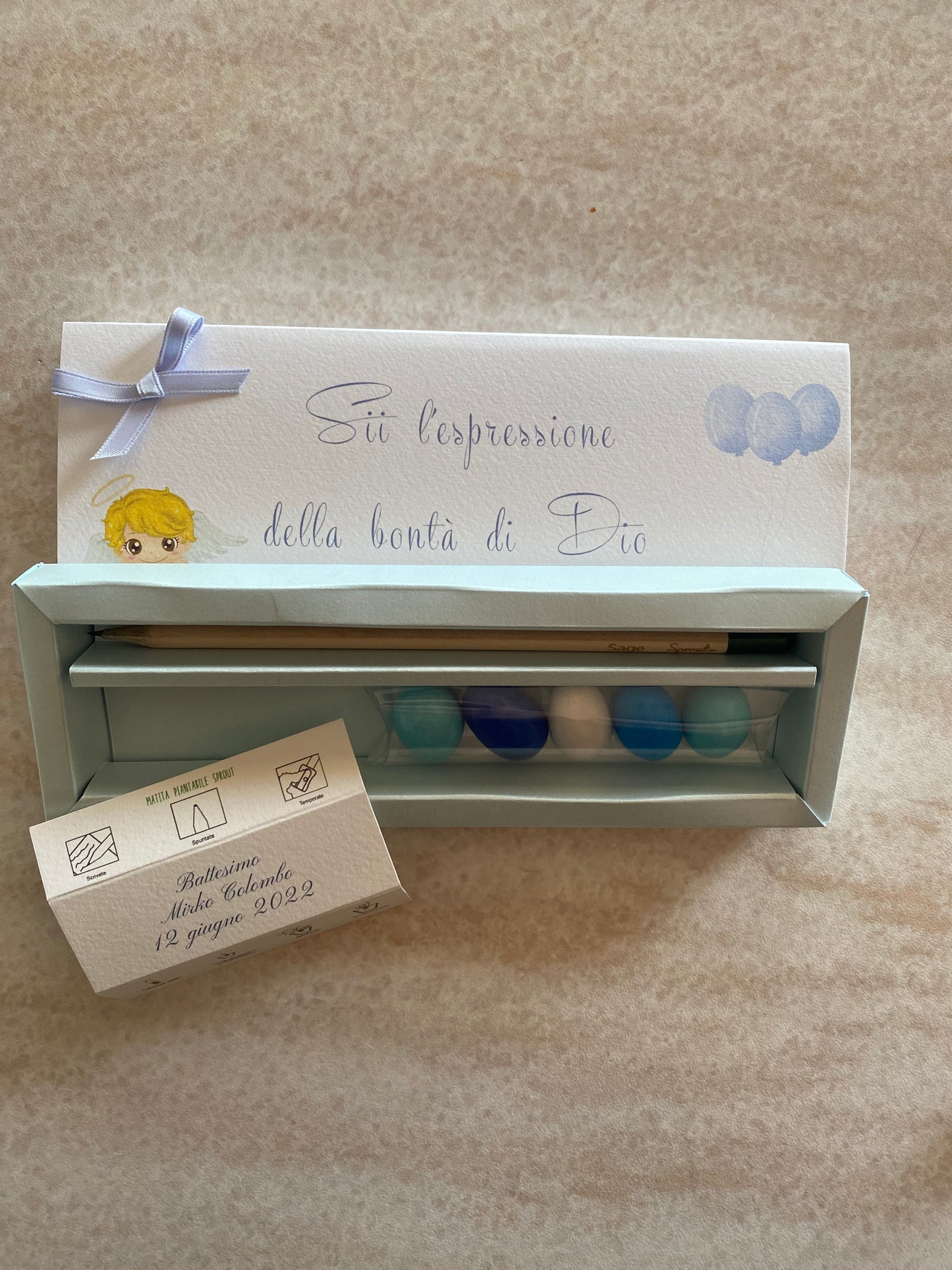 Bomboniera Battesimo – Cofanetto a Scorrimento con Matita Seminabile