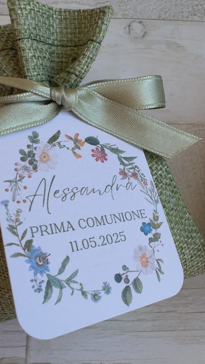 Porta Confetti Comunione e Cresima in Sacchettino di Iuta con Tag Personalizzato