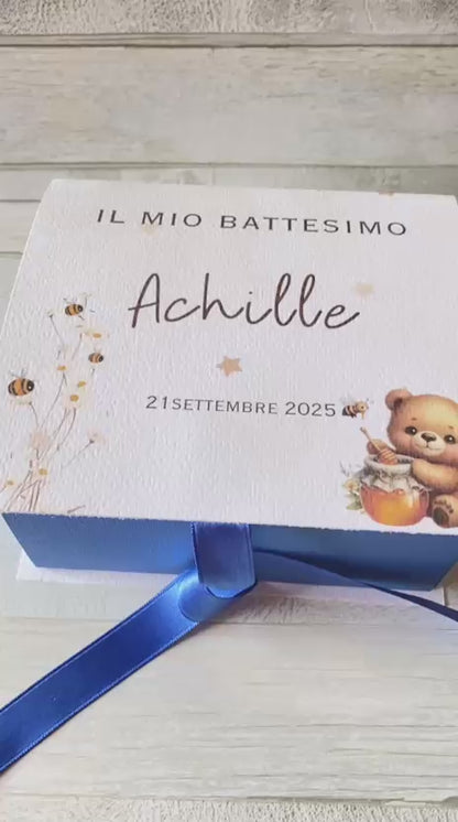 Bomboniera Battesimo con Vasetto di Miele 140 g – Cofanetto a Libro