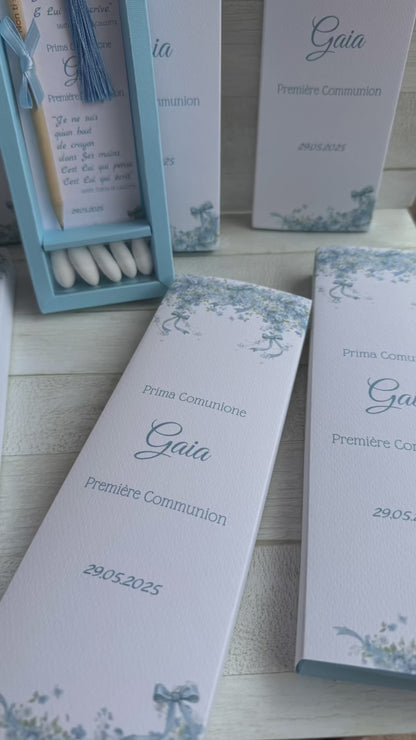 Cofanetto regalo personalizzato con Segnalibro, Matita Seminabile e 5 confetti per Comunione&Cresima